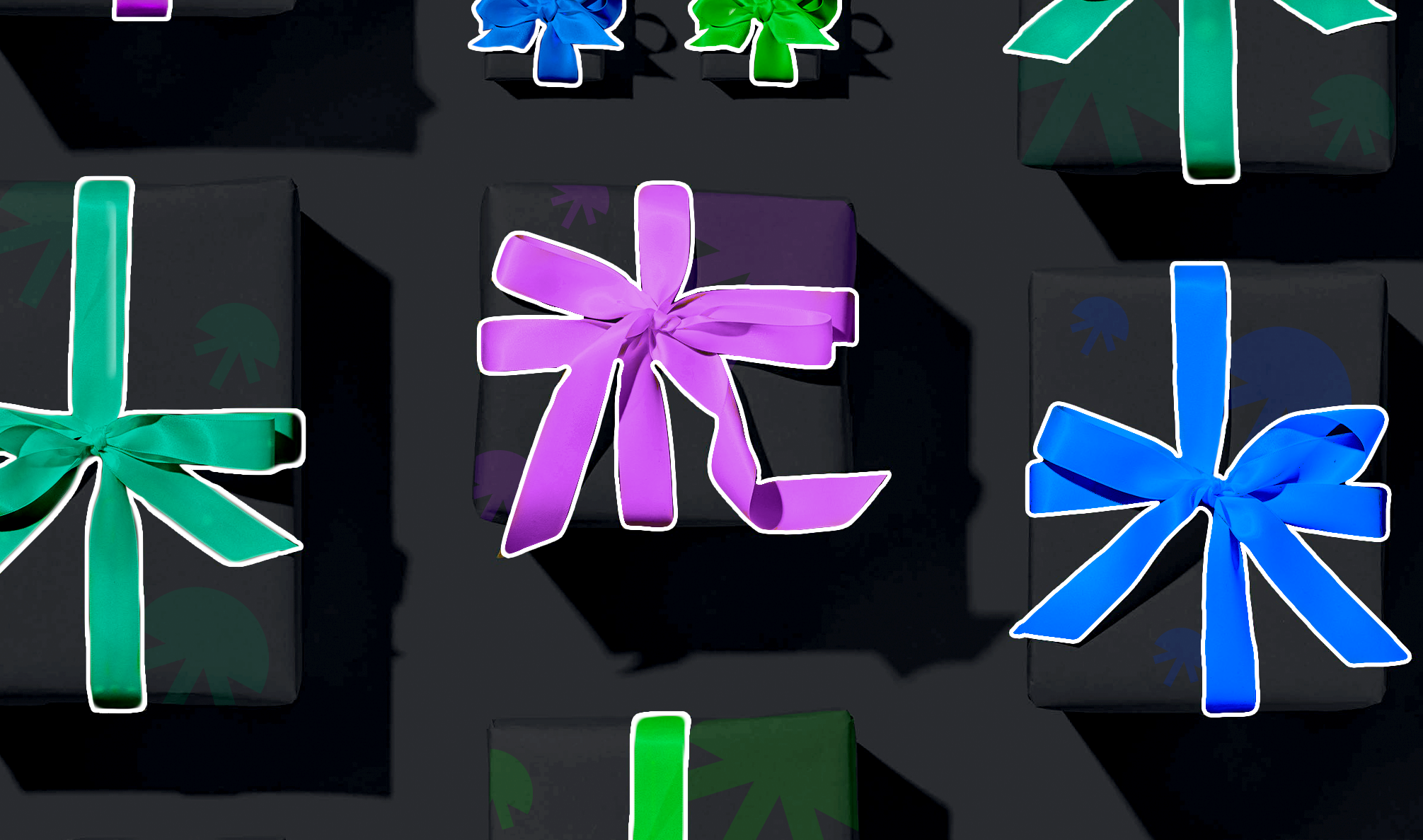 Black gift boxes with purple, blue and green bows.