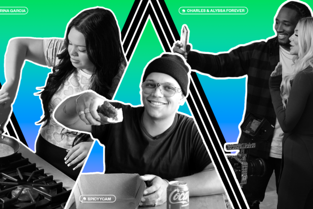 Black and white triptych with creators Karina Garcia cooking, SpicyyCam holding a hot dog, and Charles and Alyssa holding a phone and taking a selfie. Blue and green colors in the background.