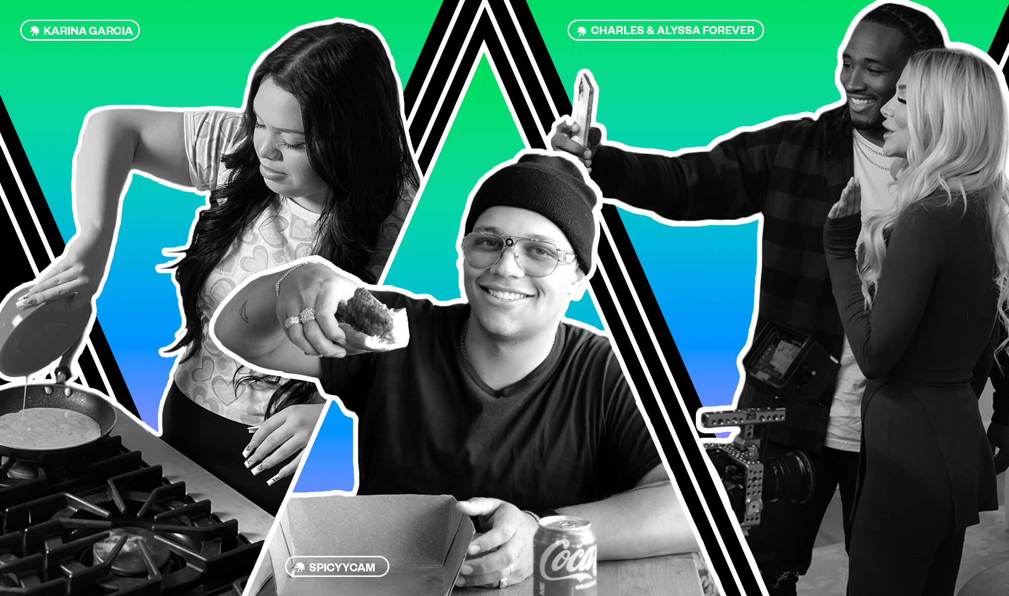 black and white triptych with creators Karina Garcia cooking, SpicyyCam holding a hot dog, and Charles and Alyssa holding a phone and taking a selfie. Blue and green colors in the background.