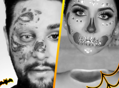 Creator Robert Welsh in SFX makeup and Smitha Deepak in with glam skull makeup and a floating head effect in black and white with orange and black spider web and bats.