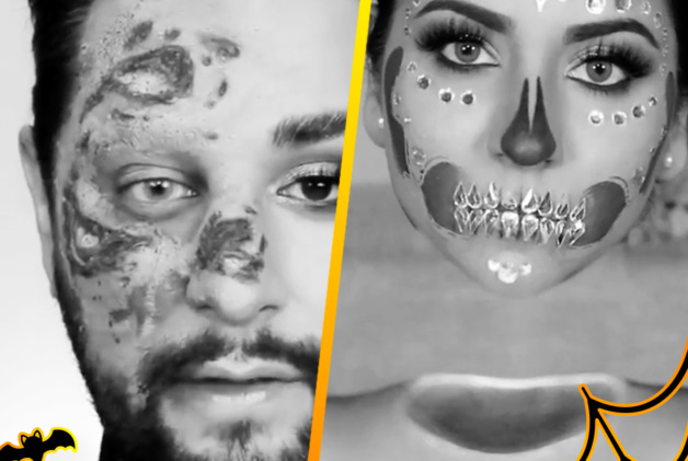 Creator Robert Welsh in SFX makeup and Smitha Deepak in with glam skull makeup and a floating head effect in black and white with orange and black spider web and bats