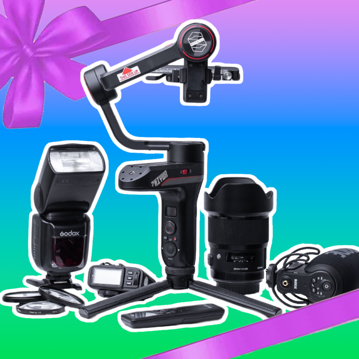 Camera tripod, flash, lens and cords on a rainbow gradient background.