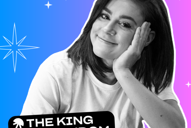 Creator Grace Dirig of The King of Random smiling in black and white on a purple and blue background with stars.