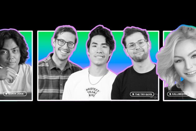 Creators Guava Juice, The Try Guys, and Kallmekris in black and white on rainbow background.