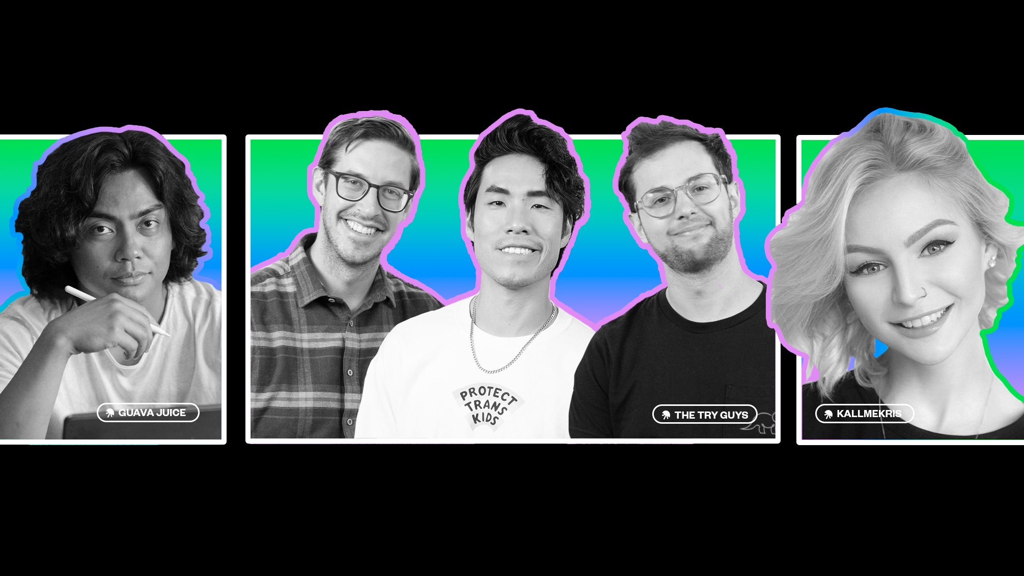 Creators Guava Juice, The Try Guys, and Kallmekris in black and white on rainbow background