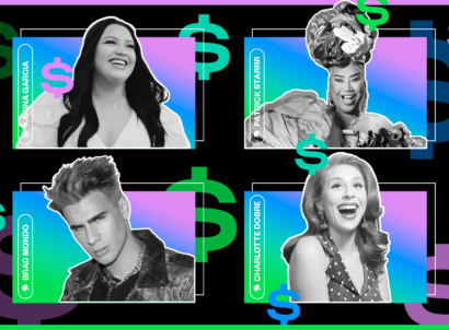 Creators Karina Garica, Patrick Starrr, Brad Mondo and Charlotte Dobre in black and white on rainbow backgrounds with dollar signs.