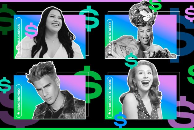 Creators Karina Garica, Patrick Starrr, Brad Mondo and Charlotte Dobre in black and white on rainbow backgrounds with dollar signs