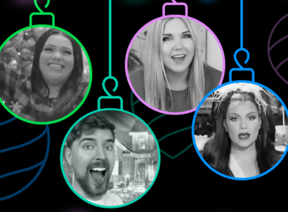 Creators Karina Garcia, MrBeast, Liz Fenwick, and Bailey Sarian in black and white Christmas ornament shapes hanging from Christmas lights