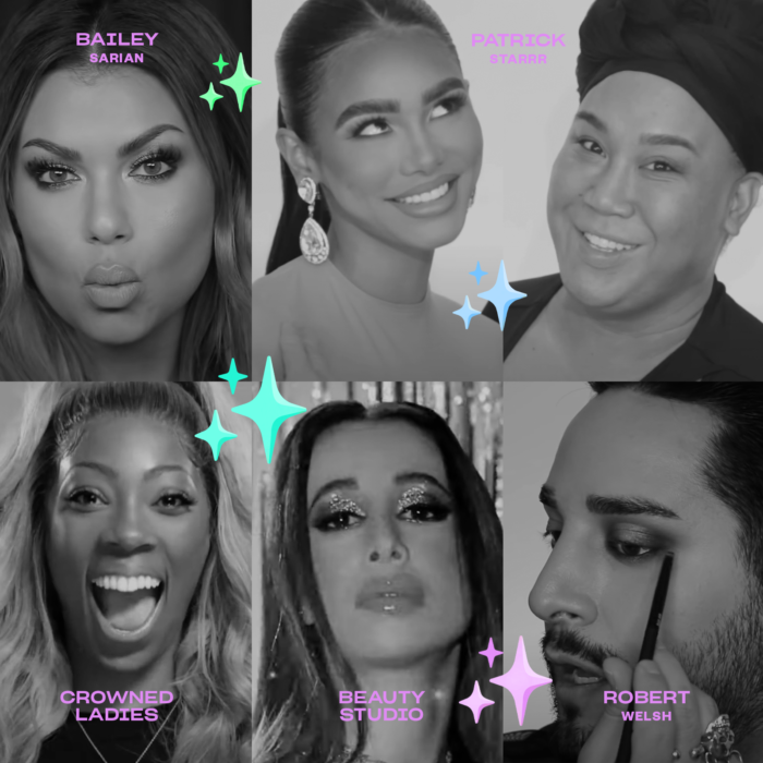 Creators Bailey Sarian, Patrick Starrr, Beauty Studio, Crowned Ladies and Robert Welsh in black and white with colored sparkles.