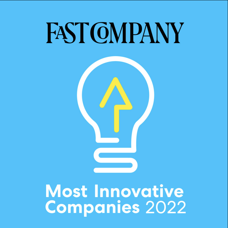 Fast Company logo with lightbulb icon and Most Innovative Companies 2022 text on a blue background