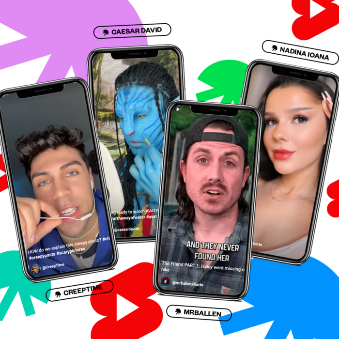 Creators CreepTime, Caesar David, MrBallen and Nadina Ioana on iPhone screens with colored jellyfish and YouTube Shorts logo background
