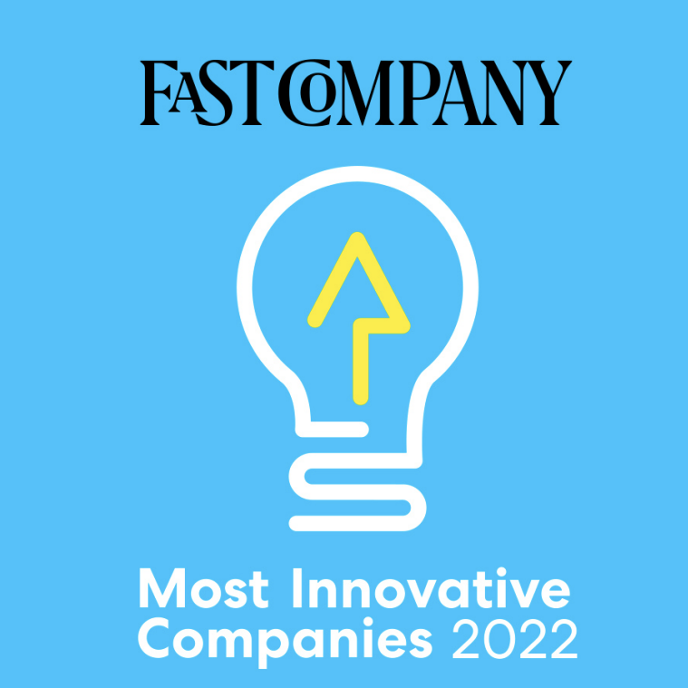 Black Fast Company logo with a white lightbulb and yellow arrow on a blue background with the text Most Innovative Companies 2022.