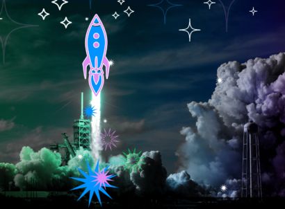 Blue and purple animated rocket ship taking off up into a dark sky surrounded by clouds and stars