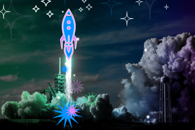 Blue and purple animated rocket ship taking off up into a dark sky surrounded by clouds and stars