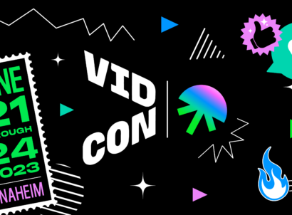 compilation of graphics that contain the VidCon and Jellysmack logos, emojis, and text that reads June 21 through 24, 2023 Anaheim