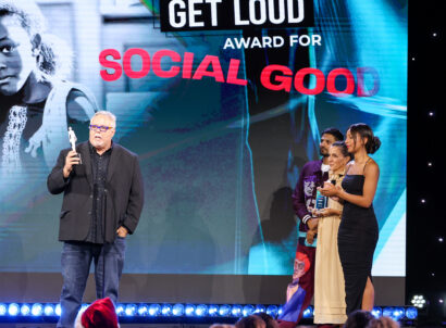 Mark Horvath, founder of Invisible People, giving a speech on stage after accepting his The Elevate Prize Get Loud Award for Social Good at the 2023 Streamy Awards
