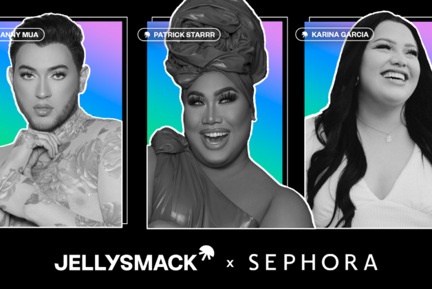 Creators MannyMua, Patrick Starrr, and Karina Garcia in black and white on gradient boxes placed on black background with Jellysmack and Sephora logos