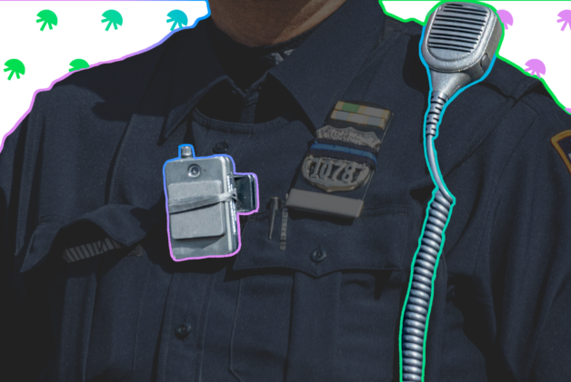 Close up of police officer's chest in uniform highlighting bodycam and walkie talkie repeating with gradient jellysmack logos in background