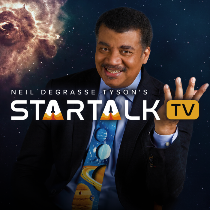 Neil deGrasse Tyson smiling in front of a galaxy background with StarTalk TV logo