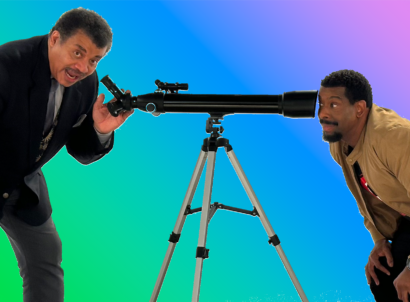 Neil deGrasse Tyson looks through a telescope as comedian Chuck Nice peers through the other side against a bright colorful background.