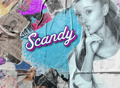 Colorful newspaper collage with Ariana Grande and Scandy text