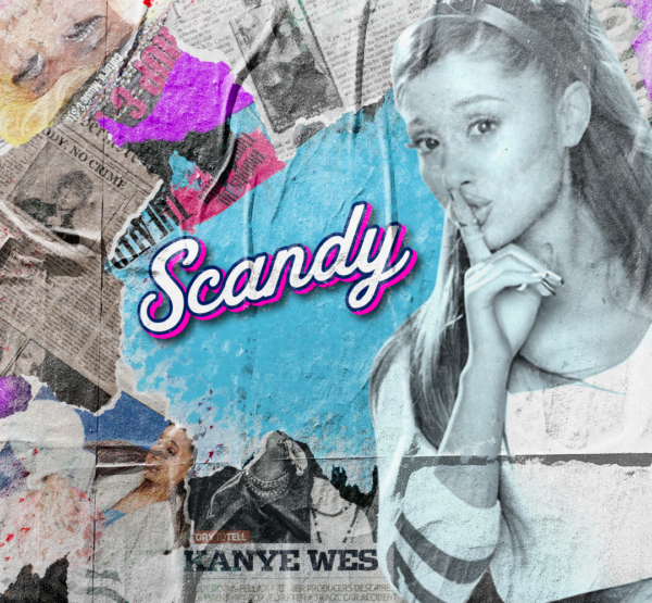 Colorful newspaper collage with Ariana Grande and Scandy text