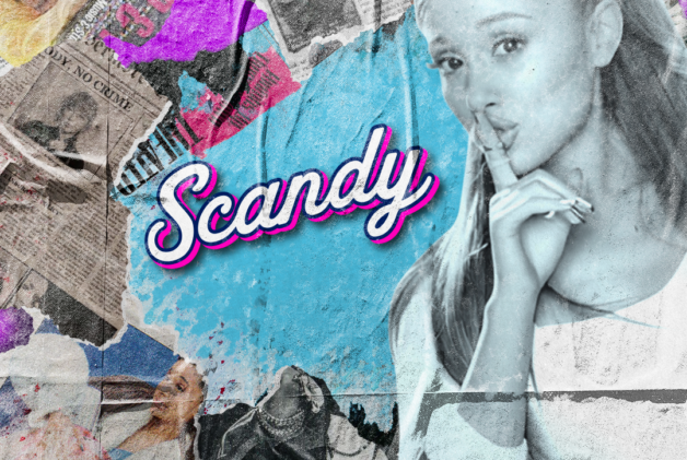 Colorful newspaper collage with Ariana Grande and Scandy text