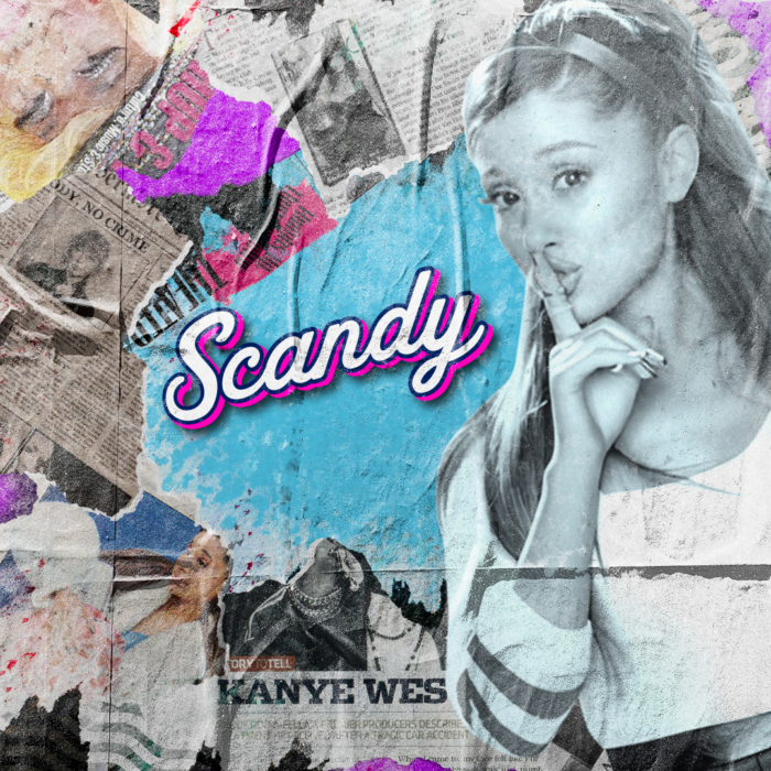 Colorful newspaper collage with Ariana Grande and Scandy text