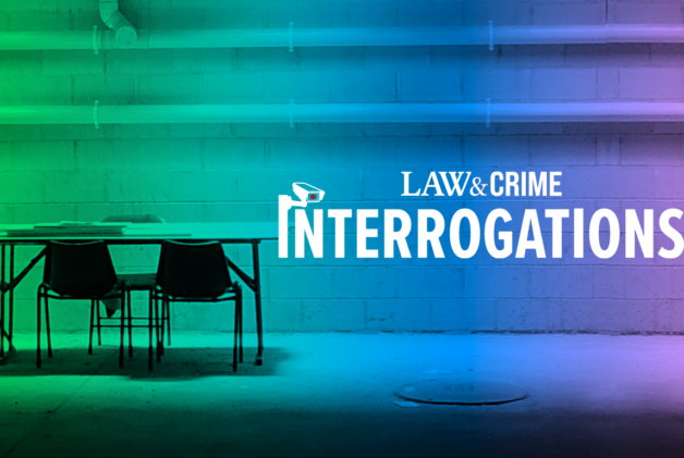 Interrogation table in empty room with gradient overlay and Law&Crime Interrogations logo in white
