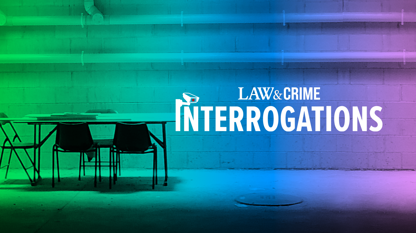 Interrogation table in empty room with gradient overlay and Law&Crime Interrogations logo in white