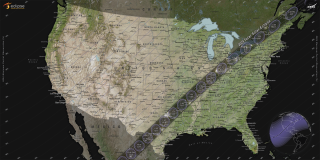 Map of the United States of America showing the solar eclipse path of totality. 