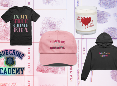 Fingerprint background with flat lays of true crime clothing, candles, stickers and more