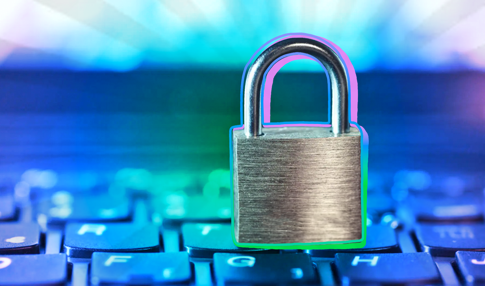 Closeup of a computer with a U-lock resting on the keyboard to symbolize security.