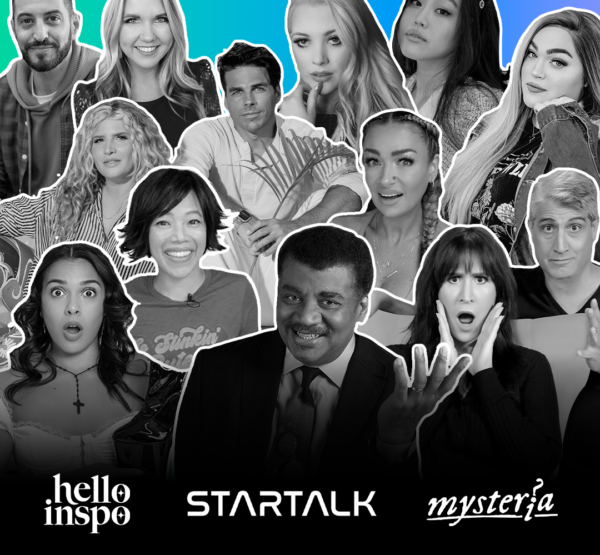 A group of creators in black and white on a rainbow gradient background with logos for Hello Inspo, StarTalk TV and Mysteria