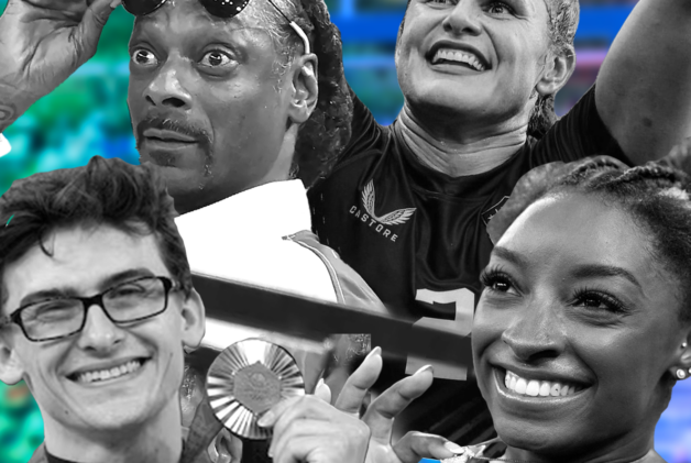 Snoop Dog, Ilona Maher, Pommel Horse Guy and Simone Biles in black and white in front of the colorful Olympics rings