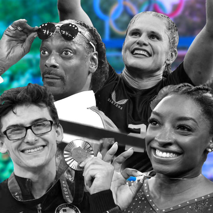 Snoop Dog, Ilona Maher, Pommel Horse Guy and Simone Biles in black and white in front of the colorful Olympics rings